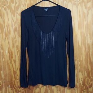 Chico's Black Long Sleeve Fringe Blouse